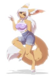  anthro blue_eyes bottomwear canid canine clothed clothing cutoffs denim denim_bottomwear denim_clothing dipstick_tail female fennec_fox fluffy fluffy_tail fox fur gesture hair heart_symbol heterochromia hi_res lawkie long_hair mammal markings midriff mink multicolored_tail mustelid musteline paws piercing pink_nose rose_dandy-ba shorts simple_background solo tail tail_markings tan_body tan_fur true_fox true_musteline waving white_background white_hair white_tail_tip yellow_eyes 