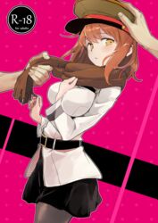  akizuki_maku belt belt_buckle between_breasts black_belt black_skirt breasts brown_hair brown_headwear brown_scarf buckle chaldea_uniform commentary_request cover cover_page doujin_cover dutch_angle fate/grand_order fate_(series) female fujimaru_ritsuka_(female) grey_legwear hand_on_another&#039;s_head hat jacket long_sleeves looking_at_viewer male_hand medium_hair military_hat military_jacket miniskirt pantyhose peaked_cap scarf skirt white_jacket yellow_eyes 