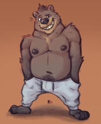  2019 anthro bear belly bottomwear brown_body brown_fur clothing fur male mammal minedoo moobs navel nipples overweight overweight_anthro overweight_male pants simple_background solo teeth 