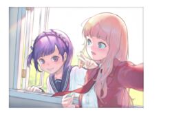  2girls blunt_bangs blush braid commentary_request day jacket jiankun_yu long_hair looking_at_another looking_at_viewer multiple_girls necktie open_window original pink_hair purple_hair red_jacket red_necktie school_uniform serafuku short_hair sky smile upper_body v white_sky window yuri 