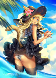  animal_ears ass bangs black_dress black_legwear blonde_hair blue_eyes blue_sky breasts cat_ears cat_tail cloud commission day dress dutch_angle ears_through_headwear english_commentary eyebrows_visible_through_hair final_fantasy final_fantasy_xiv flower frilled_dress frills from_behind hair_flower hair_ornament hat highres holding ling_(doraling12) long_hair looking_at_viewer looking_back medium_breasts miqo&#039;te panties pantyshot pantyshot_(standing) parted_lips shell sky standing striped striped_panties tail thighhighs underwear water watermark 