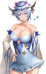  aqua_(popogori) bare_shoulders blue_dress blue_hair blush breasts cleavage collarbone commentary dress female granblue_fantasy hair_between_eyes heart large_breasts looking_at_viewer macula_marius pink_eyes short_hair simple_background smile solo thighs tiara white_background wide_sleeves 