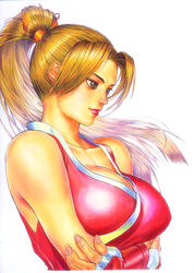  absurdres arm_guards bare_shoulders breasts brown_eyes brown_hair closed_mouth collarbone commentary_request crossed_arms fatal_fury female fingerless_gloves fingernails fujiwara_hisashi gloves high_ponytail highres japanese_clothes large_breasts lips lipstick long_hair looking_away makeup ninja parted_bangs ponytail red_lips shiny_clothes shiranui_mai simple_background sleeveless solo the_king_of_fighters upper_body white_background 