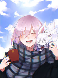  :d animal animal_on_shoulder blue_sky chromatic_aberration closed_eyes cloud commentary_request cup day fate/grand_order fate_(series) female fou_(fate) grey_scarf highres holding holding_cup mash_kyrielight mash_kyrielight_(chaldea_teatime) official_alternate_costume open_mouth outdoors pink_hair plaid plaid_scarf portrait scarf short_hair sky smile suna_co 