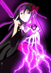  akemi_homura akuma_homura artist_request black_dress black_hair bow choker commentary dark_orb_(madoka_magica) dress earrings electricity energy_sword english_commentary female force_lightning hairband hairbow highres jewelry lightsaber long_hair looking_at_viewer mahou_shoujo_madoka_magica mahou_shoujo_madoka_magica_movie purple_eyes red_hairband sith solo star_wars sword watermark weapon web_address 