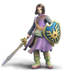  1boy 3d belt blue_eyes bob_cut brown_hair dragon_quest dragon_quest_xi erdrick&#039;s_shield erdrick&#039;s_sword full_body game_model hero_(dq11) highres looking_at_viewer male_focus official_art shield short_hair solo super_smash_bros. sword transparent_background weapon 