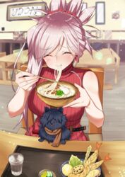  animal animalization asymmetrical_hair black_hair bowl breasts canine casual chopsticks closed_eyes commentary_request earrings eating fate/grand_order fate_(series) female food hair_ornament hair_over_one_eye highres holding holding_bowl holding_chopsticks jewelry kawaruhi koha-ace large_breasts long_hair miyamoto_musashi_(fate) noodles okada_izou_(dog)_(fate) okada_izou_(fate) pink_hair pomeranian_(dog) ponytail scarf solo sword tempura udon weapon 