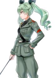  absurdres anchovy_(girls_und_panzer) anzio_military_uniform belt black_belt black_necktie black_ribbon black_shirt closed_mouth commentary cowboy_shot dress_shirt drill_hair female girls_und_panzer green_hair grey_jacket grey_pants hair_ribbon hand_on_own_hip highres holding holding_riding_crop jacket jodhpurs kuppipi_ramutarou long_hair long_sleeves looking_to_the_side military military_uniform necktie pants red_eyes ribbon riding_crop sam_browne_belt shirt simple_background smile solo standing twin_drills twintails uniform white_background 