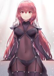  arm_support armor bodysuit breasts closed_mouth commentary_request covered_navel fate/grand_order fate_(series) female hair_intakes highres large_breasts leotard long_hair looking_at_viewer pauldrons purple_bodysuit purple_hair purple_leotard red_eyes reuri_(tjux4555) scathach_(fate) shoulder_armor smile solo white_background 