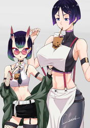  2girls absurdres alternate_hair_color alternate_hair_length alternate_hairstyle anger_vein armlet artist_name bare_shoulders belt black_hair black_shirt black_skirt blue_eyes bob_cut bracelet breast_envy breasts bridal_gauntlets bubble_tea bubble_tea_challenge caesar_salad casual choker collarbone commentary_request cowboy_shot crop_top cup drink ear_piercing earrings eyeliner eyeshadow fate/grand_order fate_(series) fishnet_armwear garter_straps gourd green_hair green_jacket grey_background hand_under_clothes hands_up highres holding holding_cup horn_ornament horn_ring horns huge_breasts jacket jewelry long_skirt looking_at_another makeup meme midriff minamoto_no_raikou_(fate) miniskirt multicolored_hair multiple_girls necktie object_on_breast oerba_yun_fang off_shoulder oni parted_bangs photoshop_(medium) piercing purple_eyes purple_hair red_eyeshadow ring round_eyewear shirt short_eyebrows short_hair shuten_douji_(fate) side_slit signature simple_background single_earring skin-covered_horns skirt sleeveless sleeveless_shirt small_breasts spandex streaked_hair stud_earrings sunglasses suspenders tabard thumb_ring tight_clothes tight_shirt white_belt white_shirt white_skirt 