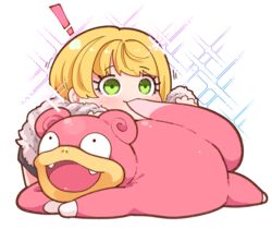  ! bad_id bad_pixiv_id biting biting_another&#039;s_tail black_skirt blonde_hair blush chibi commentary_request eyelashes female fur_sweater green_eyes idolmaster idolmaster_cinderella_girls long_sleeves lying lying_on_another miyamoto_frederica motion_lines nostrils on_stomach open_mouth pokemon pokemon_(creature) short_hair sidelocks simple_background skirt slowpoke smile sparkle striped_clothes striped_sweater sweater swept_bangs tail takato_kurosuke white_background white_sweater 