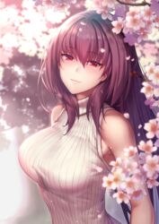  bare_shoulders blush breasts closed_mouth commentary_request fate/grand_order fate_(series) female flower hair_between_eyes highres large_breasts long_hair looking_at_viewer lun7732 petals purple_hair red_eyes ribbed_sweater scathach_(fate) simple_background sleeveless sleeveless_turtleneck solo sweater turtleneck white_sweater 