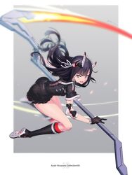  ass ayaki black_hair black_skirt blunt_bangs commentary_request dress female gloves hair_ribbon highres holding holding_weapon horns long_hair mechanical_horns original pleated_skirt ribbon scythe short_dress short_sleeves skirt solo tsurime weapon 