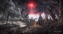  2019 amazing_background anthonyavon anthro armor bonfire canid canine cape castle clothing cloud dark_souls detailed detailed_background digital_media_(artwork) fire flower fox fromsoftware fur hi_res male mammal melee_weapon moon mountain night orange_body orange_fur outside plant rock scenery_porn sheathed_weapon signature snow solo standing star sword tree victor_johansen weapon 