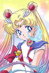  absurdres bishoujo_senshi_sailor_moon bishoujo_senshi_sailor_moon_(first_season) blonde_hair blue_eyes blue_sailor_collar bow brooch circlet closed_mouth commentary double_bun earrings elbow_gloves female gloves gradient_hair hair_bun hair_ornament hairpin highres holding holding_wand jewelry long_hair looking_at_viewer magical_girl moon_stick_(sailor_moon) multicolored_background multicolored_hair parted_bangs photoshop_(medium) red_bow riccardo_bacci sailor_collar sailor_moon sailor_senshi_uniform smile solo sparkle transformation_brooch_(sailor_moon) tsukino_usagi twintails upper_body wand white_gloves 