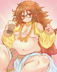  belly big_belly bow brown_hair bubble_tea commentary_request curvy fat fate/grand_order fate_(series) female ganesha_(fate) glasses highres jewelry jinako_carigiri midriff necklace ooba_jun plump thick_arms thick_thighs thighs 