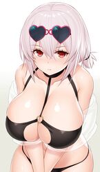  absurdres asamura_hiori azur_lane bare_shoulders bikini black_bikini breasts choker cleavage cleavage_cutout closed_mouth clothing_cutout collarbone commentary_request crossed_bangs expressionless eyewear_on_head female from_above gradient_background hair_between_eyes heart heart-shaped_eyewear highres large_breasts looking_at_viewer medium_hair o-ring o-ring_top official_alternate_costume pink-framed_eyewear pink_hair red_eyes revision shiny_clothes shiny_skin silver_background sirius_(azur_lane) sirius_(scorching-hot_seirios)_(azur_lane) skindentation solo sunglasses swimsuit tied_hair v_arms 