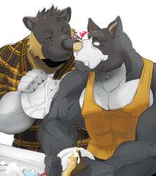  2019 akita anthro canid canine canis clothing debirobu domestic_dog duo gab_(comic) half-closed_eyes heart_symbol male male/male mammal mastiff molosser muscular muscular_male narrowed_eyes pit_bull ruff_bull shirt spitz tank_top topwear vein voff_akita 