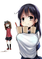  2girls black_hair black_skirt breast_envy breasts brown_hair bubble_tea bubble_tea_challenge collared_shirt commentary convenient_breasts cup disposable_cup drinking_straw embarrassed empty_eyes failure fine_art_parody flat_chest flat_chest_joke frown japanese_clothes kantai_collection kariginu kurona large_breasts medium_hair multiple_girls open_mouth parody photoshop_(medium) ryuujou_(kancolle) sailor_collar shirt shoes simple_background skirt socks spill the_scream ushio_(kancolle) visor_cap white_background white_shirt 