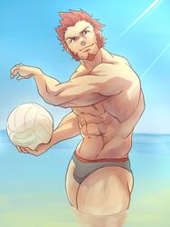  1boy abs anntee ball bara beach beachball blue_eyes blue_sky brown_hair clear_sky commentary day facial_hair fate/grand_order fate_(series) goatee long_sideburns looking_at_viewer male_focus muscular muscular_male napoleon_bonaparte_(fate) navel pectorals scar short_hair sideburns sky smile solo sunlight swimsuit thighs topless_male very_short_hair water 