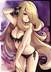  absurdres arm_behind_head bikini black_bikini black_eyes black_ribbon blonde_hair breasts cleavage commentary_request cowboy_shot cynthia_(pokemon) female front-tie_bikini_top front-tie_top hair_ornament hair_over_one_eye highres leaning_forward long_hair looking_at_viewer maremay0513 medium_breasts open_mouth panties pokemon pokemon_dppt ribbon shiny_skin side-tie_panties solo standing sweatdrop swimsuit thigh_gap underwear very_long_hair 