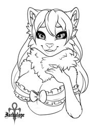  2019 5_fingers anthro biped breasts bust_portrait cleavage clothed clothing domestic_cat eyelashes felid feline felis female fingers fluffy hair jackalope_(artist) long_hair looking_at_viewer mammal monochrome neck_tuft portrait signature simple_background smile solo tuft white_background 