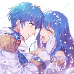  1boy awayuki_ramika bare_shoulders blue_eyes blue_hair blush bouquet bridal_veil bride caeda_(bridal)_(fire_emblem) caeda_(fire_emblem) closed_eyes commentary_request couple dress elbow_gloves female fire_emblem fire_emblem:_mystery_of_the_emblem fire_emblem_heroes flower formal gloves hair_flower hair_ornament husband_and_wife jewelry long_hair marth_(fire_emblem) marth_(groom)_(fire_emblem) necklace open_mouth pegasus_knight_uniform_(fire_emblem) rose simple_background smile straight strapless strapless_dress suit tears tiara tuxedo veil wedding wedding_dress white_dress white_flower white_gloves 