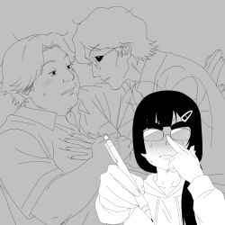  2boys absurdres adjusting_eyewear antenna_hair aroused black_eyes blunt_bangs blush brother_and_sister female fujoshi genshiken glasses grey_background hair_ornament hairclip haraguchi highres holding holding_pencil hood hoodie jimiko kano_kino line_art long_hair mechanical_pencil multiple_boys no_sclera opaque_glasses original pencil serious shodai_kaichou siblings simple_background suwa_machi_(kano_kino) sweat sweatdrop thick_eyebrows yaoi 