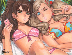 2girls aqua_bikini bikini blonde_hair blue_eyes breasts brown_hair cellphone cleavage commentary earrings english_commentary floral_print floral_print_bikini front-tie_bikini_top front-tie_top green_eyes hair_bobbles hair_ornament hairclip hairstyle_connection hand_up heads_together holding holding_phone in-franchise_crossover jewelry knee_up kujikawa_rise lips long_hair looking_at_viewer medium_breasts multiple_girls omar_dogan one_eye_closed outdoors persona persona_4 persona_5 phone pink_bikini print_bikini protected_link puckered_lips raised_eyebrow reclining scan signature sphere_earrings swept_bangs swimsuit takamaki_ann traditional_media twintails v v-shaped_eyebrows 