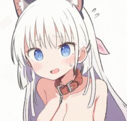  animal_collar animal_ear_fluff animal_ear_hairband animal_ears armpit_crease bare_shoulders blue_eyes blunt_ends blush breasts cat_ear_hairband cat_ears cleavage collar collarbone commentary_request ear_blush embarrassed fake_animal_ears female flying_sweatdrops furrowed_brow hair_between_eyes hair_ornament hairband hairclip k4lmy large_breasts leash long_hair looking_at_viewer naruse_shiroha nervous_smile open_mouth out-of-frame_censoring paid_reward_available parallel_hairclips sidelocks simple_background smile solo summer_pockets sweatdrop upper_body white_background white_hair 