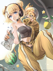  absurdres black_tube_top blonde_hair blue_eyes blush breasts bubba_(watson_amelia) canine double_bun female hair_bun hair_ornament highres hololive hololive_english looking_at_viewer medium_breasts navel official_alternate_costume qiaogun_damodao short_hair smile solo spacesuit strapless teeth tube_top virtual_youtuber watson_amelia watson_amelia_(astronaut) 