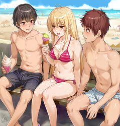  2boys akazawa_itsuki beach bench bikini black_hair black_male_swimwear blonde_hair blue_sky blush breasts brown_hair cleavage cloud collarbone commentary commission cup day female food food_on_body food_on_breasts fujimiya_amane highres holding holding_cup holding_food ice_cream ice_cream_cone ice_cream_cone_spill looking_at_another looking_to_the_side male_swimwear medium_breasts menyoujan multiple_boys navel ocean open_mouth otonari_no_tenshi-sama_ni_itsu_no_mani_ka_dame_ningen_ni_sarete_ita_ken outdoors pink_bikini pixiv_commission purple_eyes shiina_mahiru_(otonari_no_tenshi-sama) short_hair sitting sky striped_bikini striped_clothes swim_trunks swimsuit topless_male triple_scoop white_male_swimwear yellow_eyes 