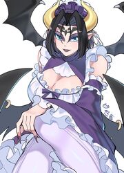  alternate_costume black_hair blue_eyes breasts cleavage demon demon_girl digimon digimon_(creature) eyeshadow facial_mark fallen_angel female forehead_mark highres horns large_breasts lilithmon looking_at_viewer maid makeup medium_hair pointy_ears purple_eyeshadow simple_background solo wings youzaiyouzai112 