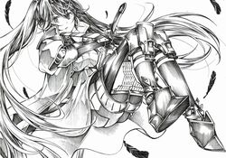  absurdres crossed_bangs dress feathers female folmauth hair_ornament highres holding holding_sword holding_weapon long_hair looking_at_viewer lucia:_plume_(punishing:_gray_raven) lucia_(punishing:_gray_raven) mechanical_arms mechanical_legs mechanical_parts monochrome punishing:_gray_raven sidelocks solo sword traditional_media twintails very_long_hair weapon x_hair_ornament 