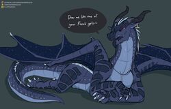  claws crossed_arms darkenstardragon darkstalker_(wof) dialogue dragon draw_me_like_one_of_your_french_girls ear_piercing ear_ring english_text european_mythology feral grey_background grey_body grey_scales hi_res horn icewing_(wof) lying male membrane_(anatomy) membranous_wings meme mythological_creature mythological_scalie mythology nightwing_(wof) on_front piercing red_eyes ring_piercing scales scalie simple_background solo speech_bubble starry_wings tail text thick_tail tongue tongue_out url western_dragon wings wings_of_fire 