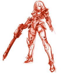  armor ass_visible_through_thighs breasts cleavage female full_body gun highres holding holding_gun holding_weapon legs_apart long_hair mecha_musume minamoto80486 navel original panties red_theme shoulder_armor simple_background small_breasts smile solo standing thighhighs thighs underwear weapon white_background 