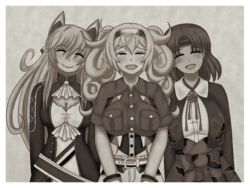  3girls azur_lane breasts chibiosaka chiyoda_(kancolle) cleavage closed_eyes commentary_request crying gambier_bay_(kancolle) glorious_(azur_lane) hair_ornament hairband historical_connection kantai_collection large_breasts long_sleeves monochrome multiple_girls open_mouth short_sleeves tears trait_connection upper_body 