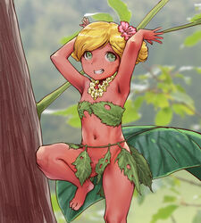  absurdres blonde_hair commission fairy female flower flower_necklace gekkou_(geccomajin) green_eyes grin hair_flower hair_ornament highres leaf_bikini leaf_skirt navel original pixiv_commission smile solo tan 