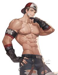  1boy abs backwards_hat bandaid bandaid_on_cheek bandaid_on_face bara baseball_cap belt beom_liben black_belt black_gloves black_hair black_pants fingerless_gloves gloves hat highres large_pectorals looking_at_viewer male_focus muscular muscular_male navel nipples original pants pectorals scar scar_on_cheek scar_on_face second-party_source short_hair smile solo topless_male zerg_(z79438659) 