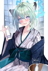  animal_ears bath_yukata blue_archive blue_halo blush female hair_between_eyes halo highres japanese_clothes kimono light_green_hair nozomi_fuuten obi official_alternate_costume open_mouth purple_eyes sash shigure_(blue_archive) shigure_(hot_spring)_(blue_archive) short_hair signature simple_background smile solo twitter_username weasel_ears white_background white_kimono yukata 