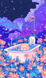  artist_name bathing bathtub blue_eyes blush_stickers closed_mouth cloud completely_nude daisy dated english_text expressionless eyelashes female field flower flower_field grass guanmumu half-closed_eyes highres holding_moon knees_up long_hair looking_at_object night night_sky nude original outdoors partially_submerged pink_flower shooting_star shower_head sitting sky solo sparkle star_(sky) star_(symbol) straight_hair water white_hair 