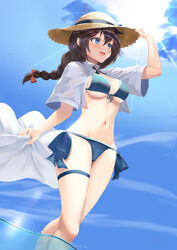  ahoge bikini blue_bikini blue_eyes blue_sky braid breasts brown_hair cloud day female front-tie_bikini_top front-tie_top hair_between_eyes hair_flaps hat highres kantai_collection long_hair medium_breasts navel ochikata_kage official_alternate_costume outdoors shigure_(kancolle) shigure_kai_san_(kancolle) shigure_kai_san_(swimsuit)_(kancolle) shirt short_sleeves side-tie_bikini_bottom single_braid sky solo standing straw_hat sun_hat swimsuit thigh_strap wading white_shirt 