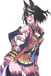  animal_ears bare_shoulders black_hair breasts brown_skirt cleavage_cutout clothing_cutout commentary cowboy_shot detached_sleeves female highres horse_ears horse_girl horse_tail kitasan_black_(umamusume) kouhaku_nawa multicolored_clothes multicolored_hair pleated_skirt red_eyes rope shimenawa skirt solo striped tail thighs two-tone_hair umamusume white_background white_hair yaki_apple 