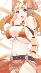  absurdres armpits arms_up bare_shoulders belt bikini blonde_hair blue_eyes blunt_bangs blush bracelet breasts circlet cleavage dancer ekaki_kukuma elf female fire_hair_ornament hair_ornament highres jewelry large_breasts long_hair looking_at_viewer navel neck_ring o-ring official_alternate_costume open_mouth orange_bikini pointy_ears princess_connect! saren_(princess_connect!) saren_(sarasaria)_(princess_connect!) sarong sidelocks smile solo stomach swimsuit veil 