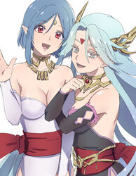  2girls :d blue_hair breasts detached_sleeves dress facial_mark filia_(star_ocean) forehead_mark gloves hair_ornament jewelry looking_at_viewer mastema_(star_ocean) multiple_girls necklace open_mouth pointy_ears red_eyes rusinomob short_hair simple_background smile star_ocean star_ocean_the_second_story white_background 