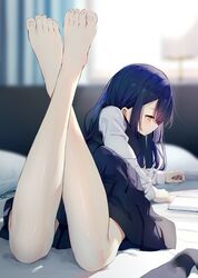  arm_support backlighting bare_legs barefoot bed blue_hair blurry blurry_background blush book commentary_request commission depth_of_field feet feet_up female foot_focus foreshortening from_behind from_side greek_toe indoors kamizaki_hibana kohinata_kuon legs long_hair lying on_bed on_stomach open_book original pixiv_commission profile reading school_uniform shiny_skin skirt solo the_pose toenails toes yellow_eyes 