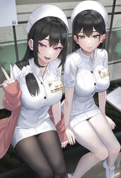  2girls black_hair blush breasts brown_jacket brown_pantyhose dress green_eyes hat highres jacket kfr large_breasts long_hair long_sleeves multiple_girls nurse nurse_cap off_shoulder open_mouth original pantyhose purple_eyes short_hair short_sleeves sitting smile thighs white_dress white_headwear white_pantyhose 