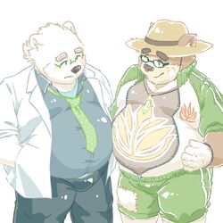  1:1 2023 absurd_res anthro band-aid bandage bear belly big_belly black_nose blush bottomwear brown_body brown_fur clothing duo eyewear fur furries_tetras glasses hat headgear headwear hi_res kemono leib_(tas) lifewonders male mammal necktie overweight overweight_male pants polar_bear shirt simple_background straw_hat tokyo_afterschool_summoners topwear ursine volos_(tas) white_background white_body 