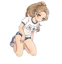  aa211108 alternate_costume bare_legs blue_buruma blush breasts brown_hair buruma female forehead gym_shirt gym_uniform idolmaster idolmaster_cinderella_girls kneeling looking_at_viewer matsunaga_ryo medium_breasts name_tag ponytail shirt shoes short_sleeves sneakers solo white_background 