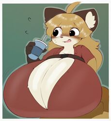  2023 anthro belted_breasts beverage big_breasts blonde_hair blush breasts canid canine cleavage clothed clothing container cowlick cup digital_media_(artwork) female food fox fujiko_(inazuma_kat) fur hair hi_res holding_container holding_cup holding_food holding_object huge_breasts hyper hyper_breasts inazuma_kat mammal open_mouth outline red_fox solo true_fox white_outline 